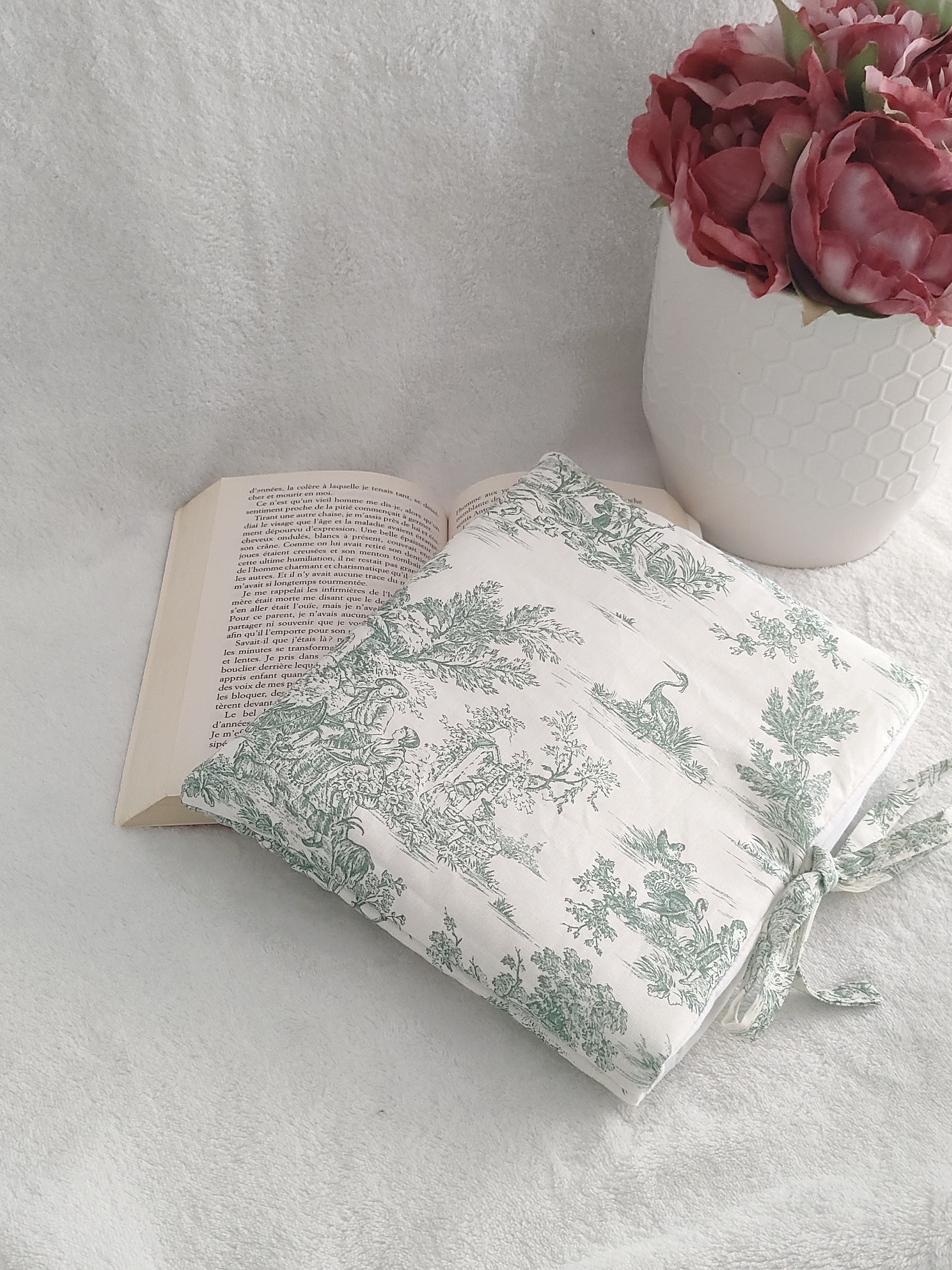 Protège livre de poche Toile de Jouy vert