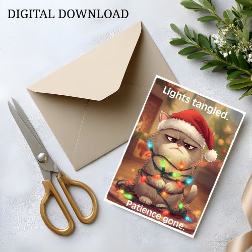 Funny Cat Christmas Card Printable | Grumpy Cat in Santa Hat | Digital Download