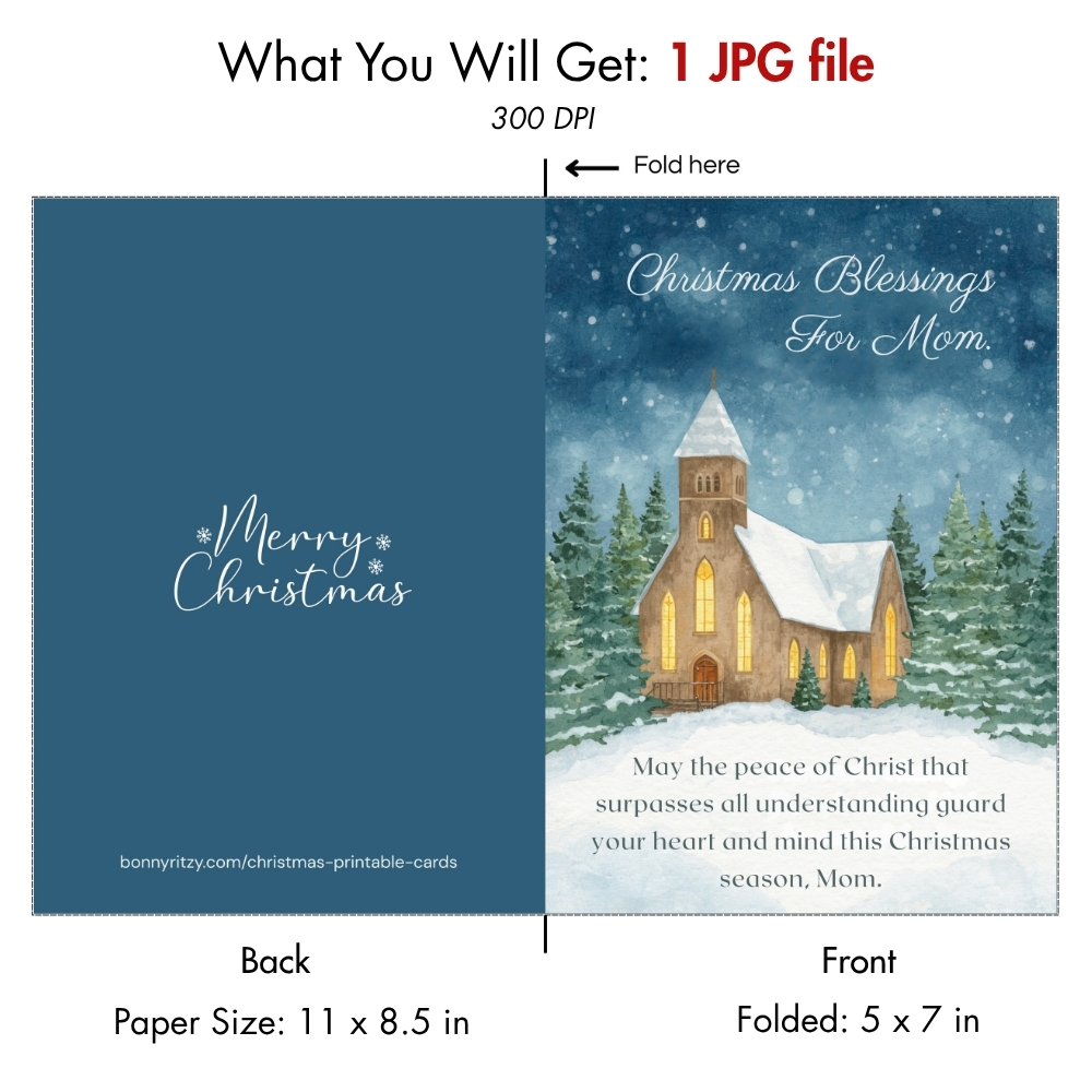 Printable Christian Christmas Card for Mom  -  Watercolor Church Religious Greeting  -  Instant Digital Download