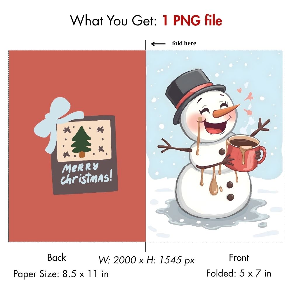 Cute Snowman Melting for Hot Cocoa Christmas Card – Whimsical Holiday Digital Download