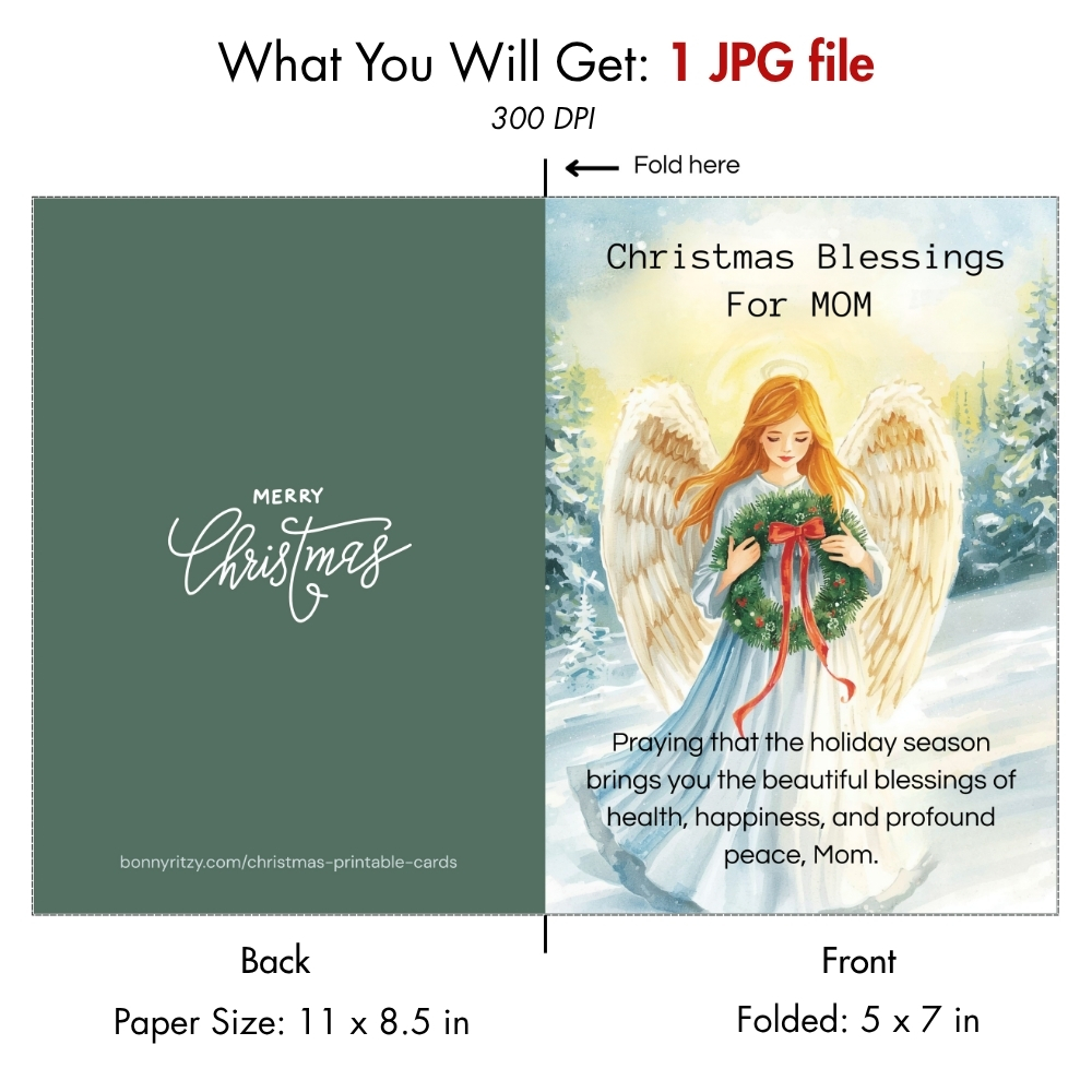 Printable Christmas Card for Mom Angel Blessing  -  Digital Download