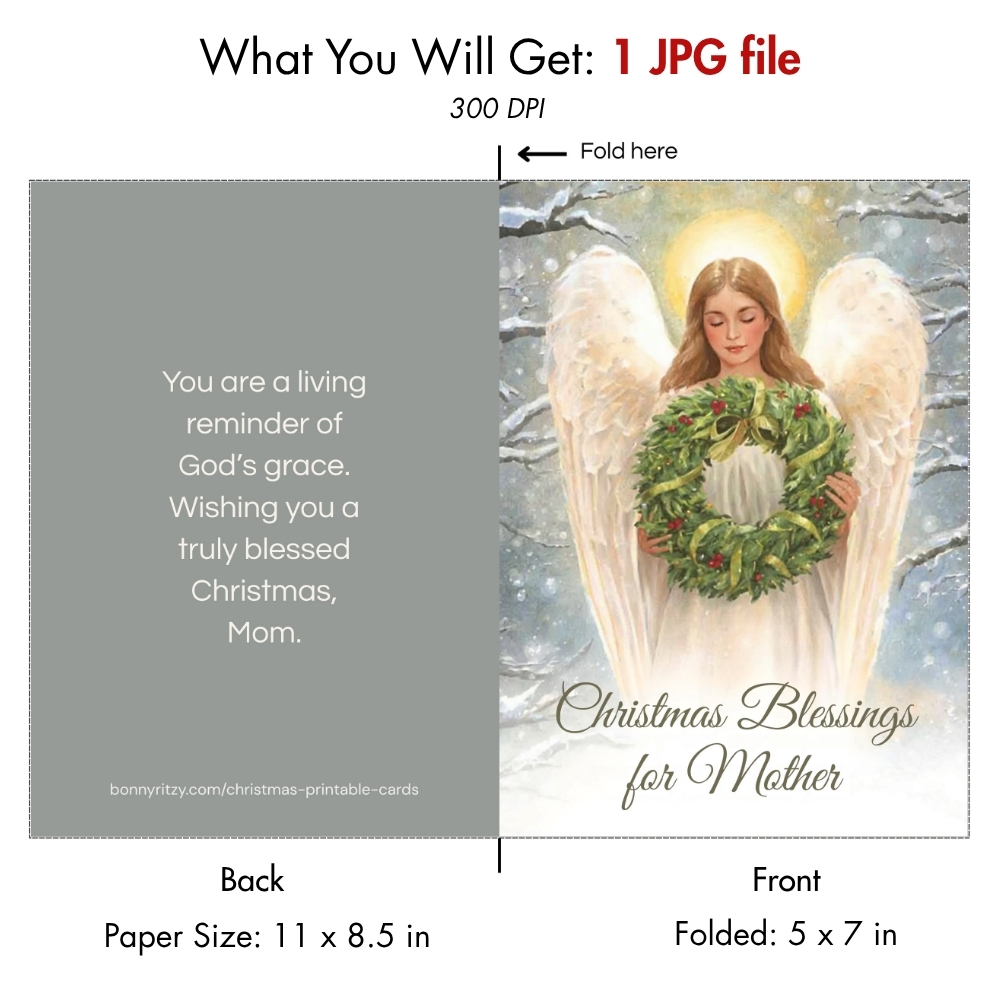 Printable Christmas Blessings Card for Mom - Religious Angel Digital Download