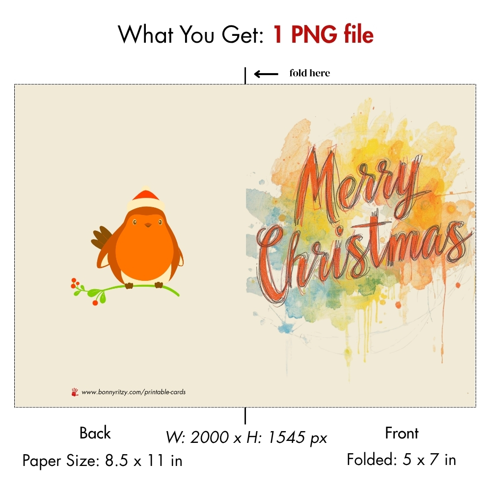 Printable Watercolor Christmas Card | Cute Robin Redbreast Digital Download | DIY Holiday Greeting Card