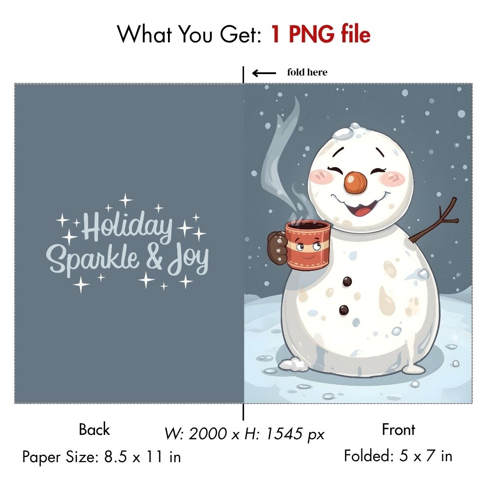 Printable Funny Snowman Christmas Card – Digital Download "Holiday Sparkle & Joy" Cocoa Card