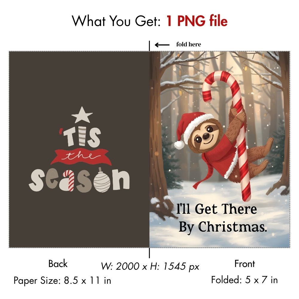 Funny Sloth Christmas Card Digital Download – Cute 'Tis the Season Printable Holiday Card – Instant Download Last Minute Xmas Card