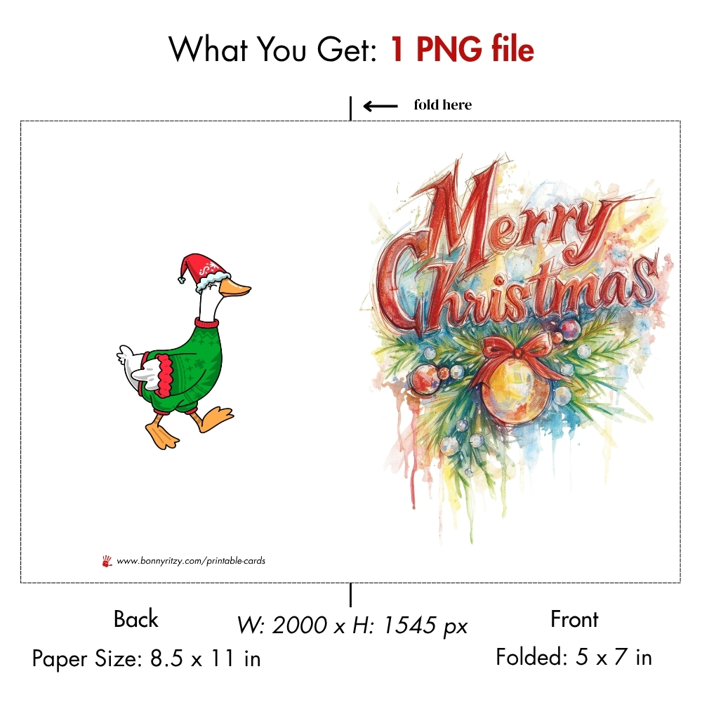 Funny Christmas Goose Printable Card - Watercolor Merry Christmas Duck in Ugly Sweater - Instant Download DIY Holiday Card