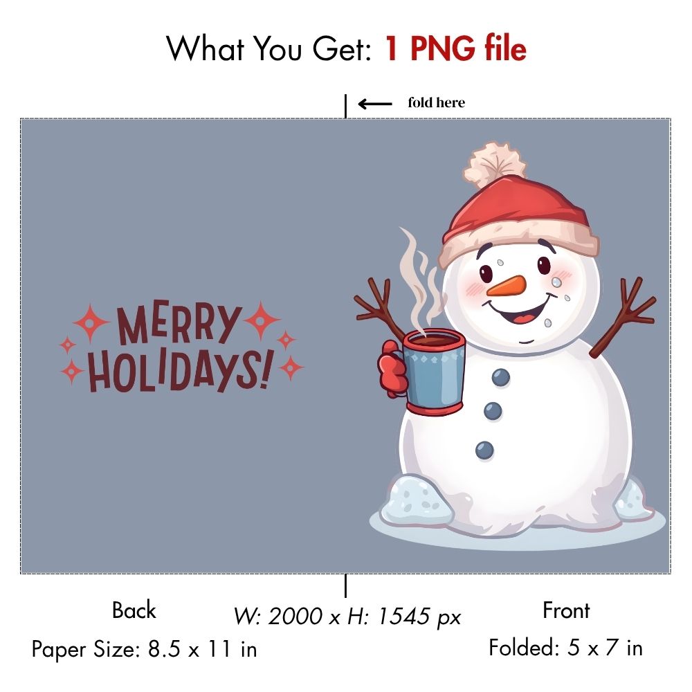 Printable Melting Snowman Holiday Card - Funny Digital Christmas Card Download, Cute Snowman with Hot Cocoa