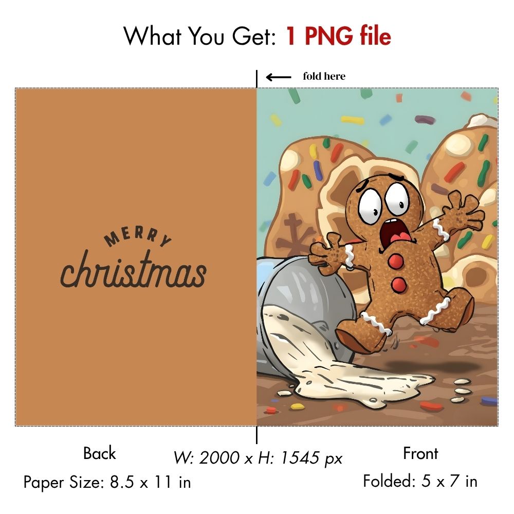 Funny Gingerbread Man Christmas Card – Printable Digital Holiday Card, Instant Download, Humorous Baking Cookie Panic Xmas Card for Adults