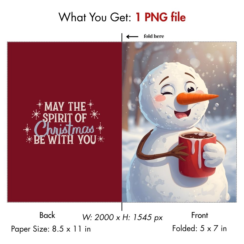 Cute Snowman with Hot Cocoa Printable Christmas Card | Instant Download Digital Holiday Greeting