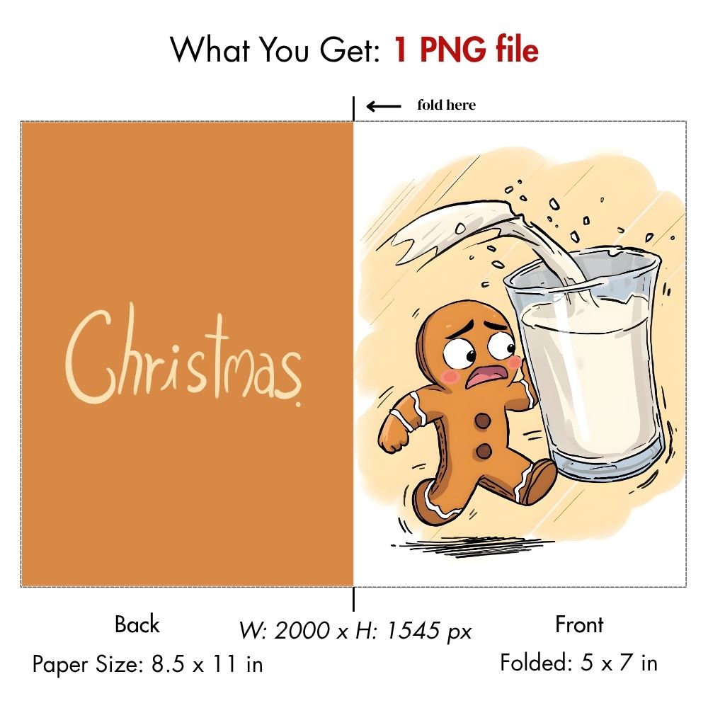 Funny Christmas Card Digital Download — Gingerbread Man Running from Milk | Printable Holiday Card