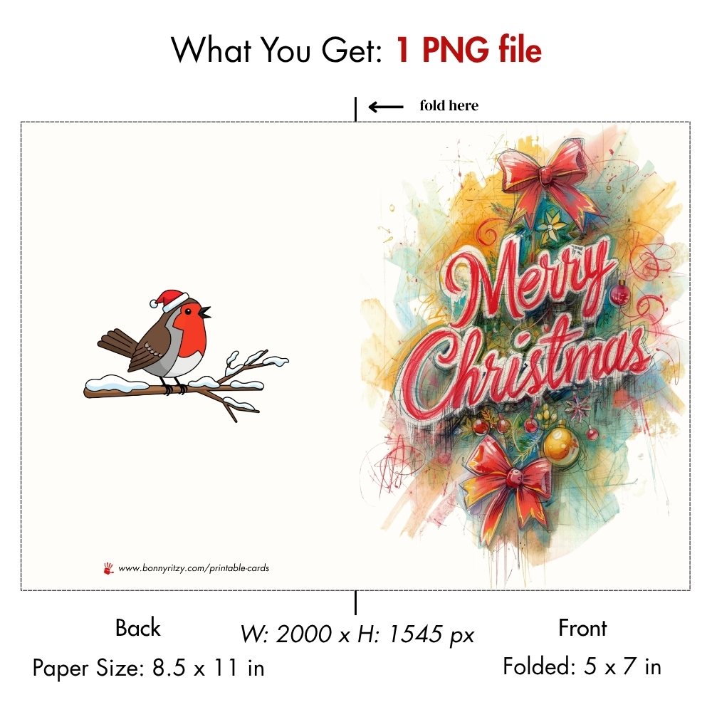 Printable Watercolor Christmas Card - Artistic Merry Christmas Robin Digital Download - DIY Holiday Greeting Card