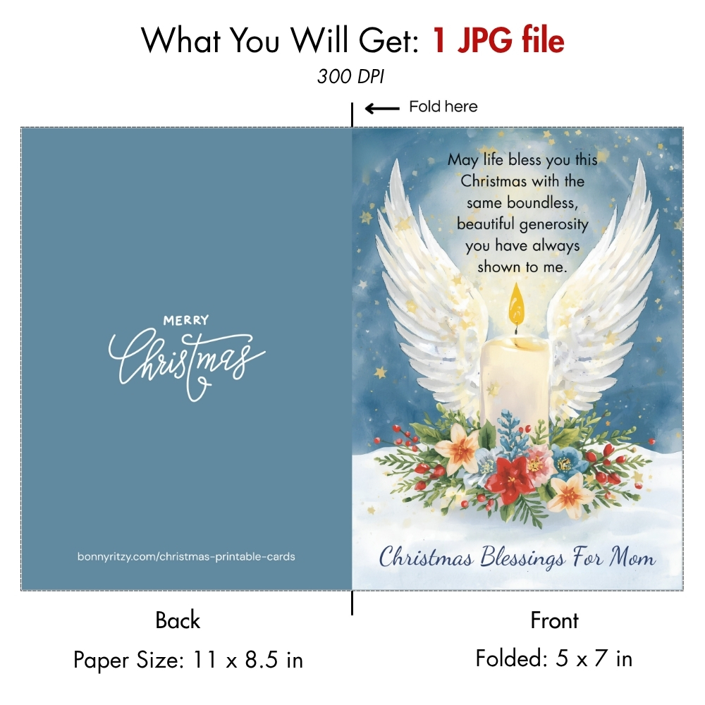 Printable Christmas Blessings Card For Mom  -  Angel Wings Holiday Greeting  -  Instant-Download