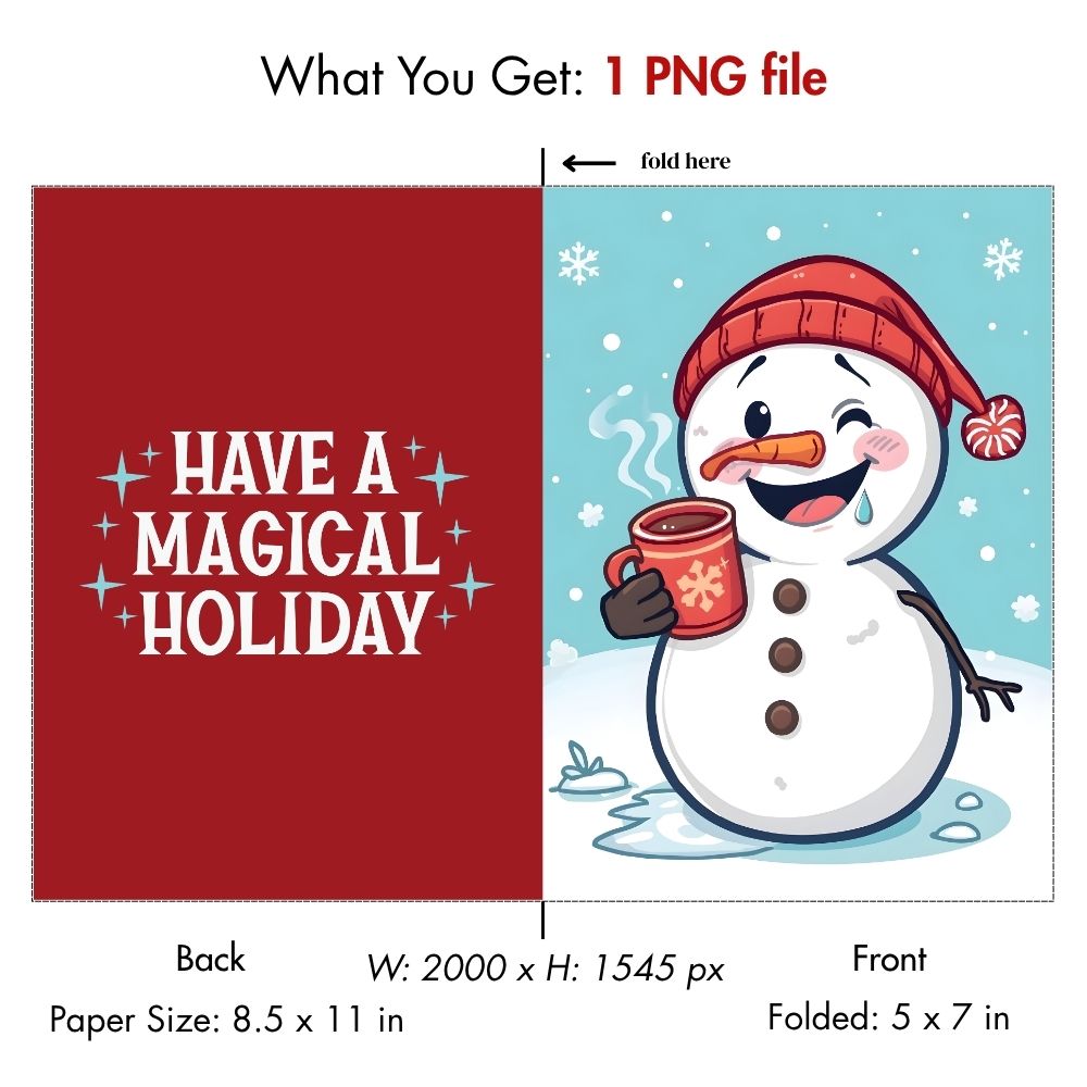 Funny Snowman Melting Christmas Card – Digital Download | Printable Holiday Greeting Card with Hot Cocoa Illustration