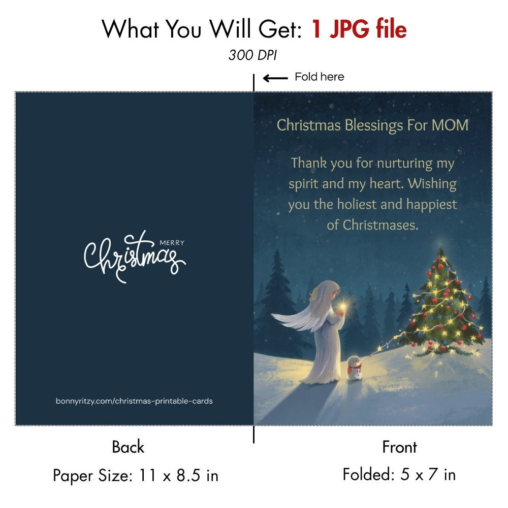 Printable Christmas Blessings Card for Mom - Angel & Tree Digital Download - 5x7 inches