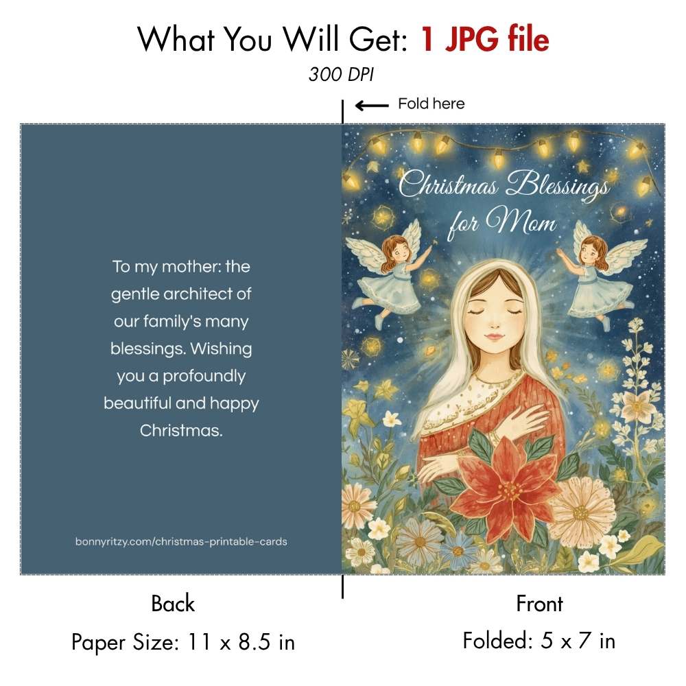 Printable Religious Christmas Blessings Card for Mom - Instant Digital Download
