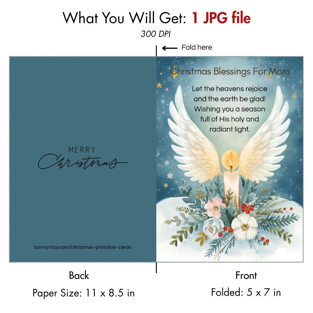 Printable Christmas Blessings Card for Mom  -  Religious Angel Wings 5x7 Digital Download