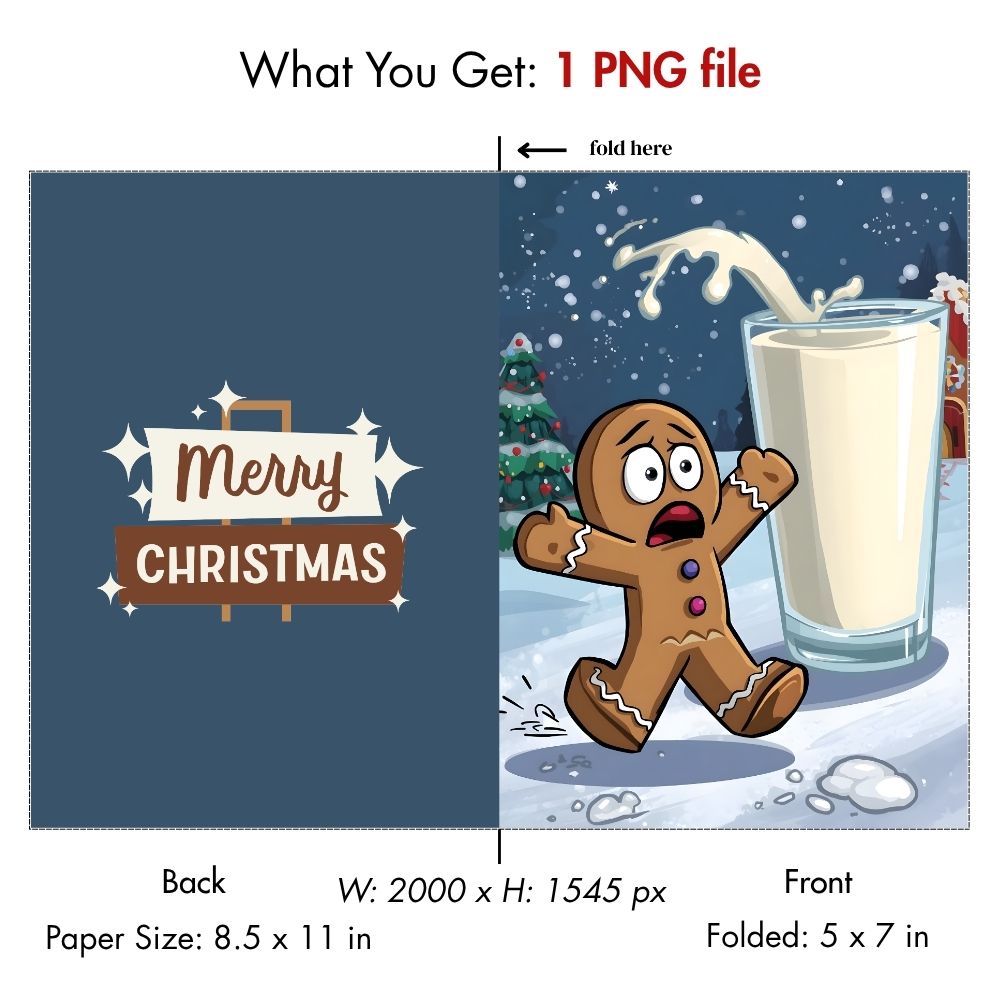 Funny Gingerbread Man Christmas Card – Digital Download | Printable "Milk Splash" Humorous Holiday Greeting