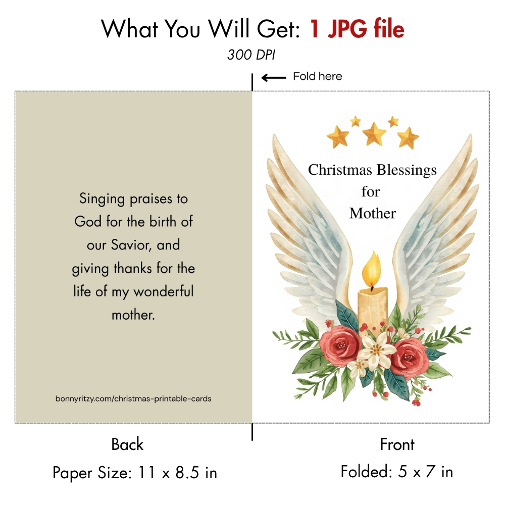 Printable Christian Christmas Card for Mom - Angel Wings Instant Download