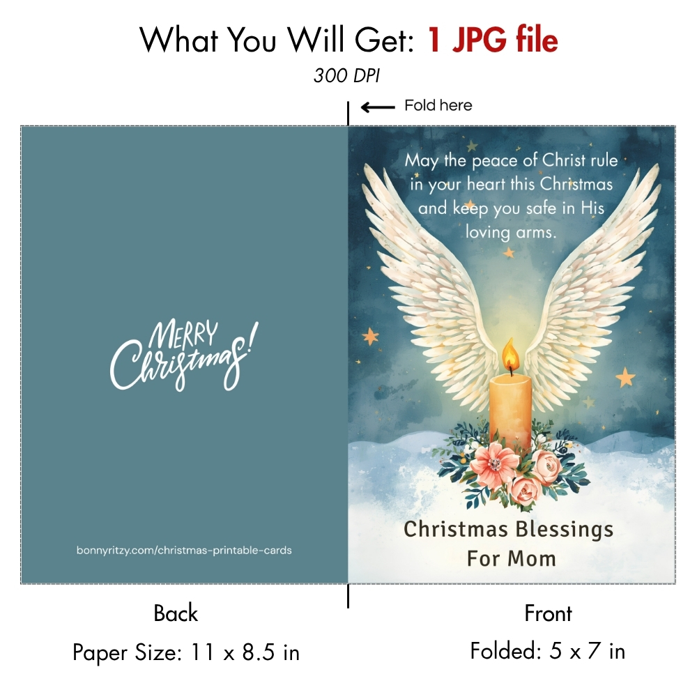 Printable Christian Christmas Card for Mom - Angel Wings Digital Download - Foldable 5x7