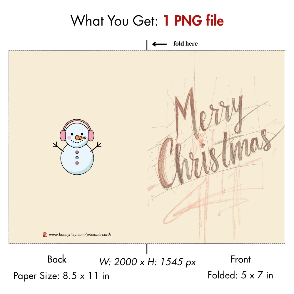 Cute Snowman Printable Christmas Card - Minimalist Aesthetic Merry Christmas Foldable Digital Download
