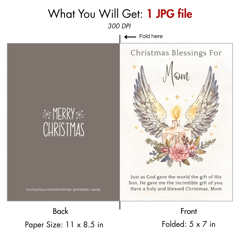 Printable Religious Christmas Card for Mom - Angel Wings Watercolor Blessing - Instant Download Foldable Greeting