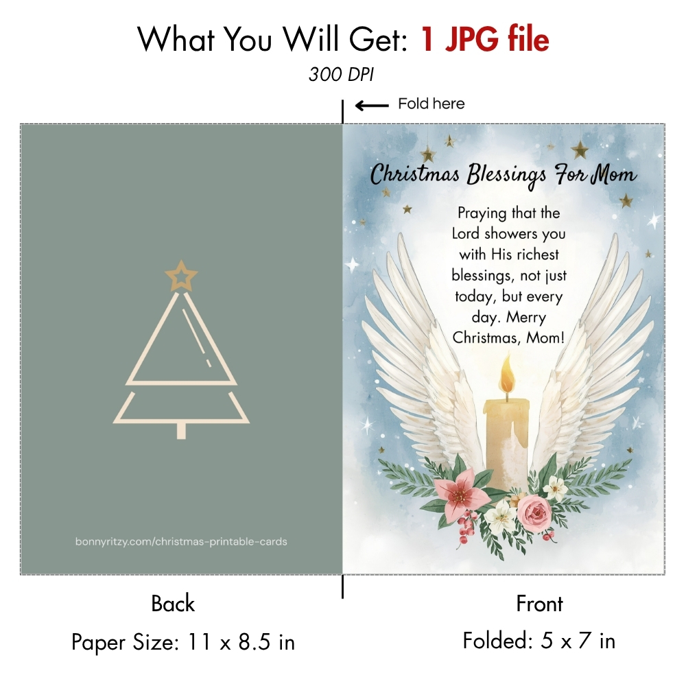 Printable Religious Christmas Card for Mom Angel Wings Blessing