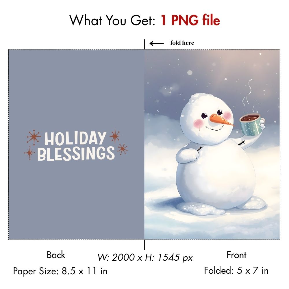 Printable Snowman Holiday Card - Cute Winter Season’s Greetings, Digital Download Christmas Card, Whimsical Snowman with Hot Cocoa