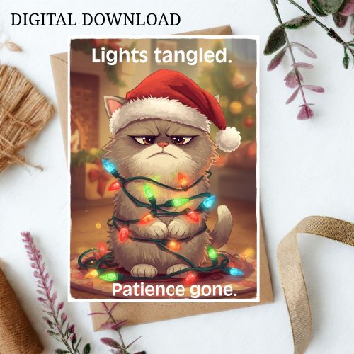Funny Cat Christmas Card Printable | Grumpy Cat in Santa Hat | Digital Download