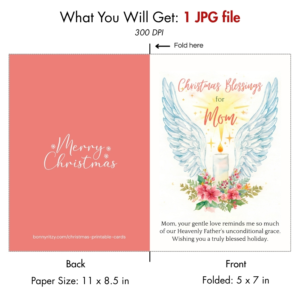 Printable Christian Christmas Card for Mom  -  Angel Wings 5x7  -  Instant Download