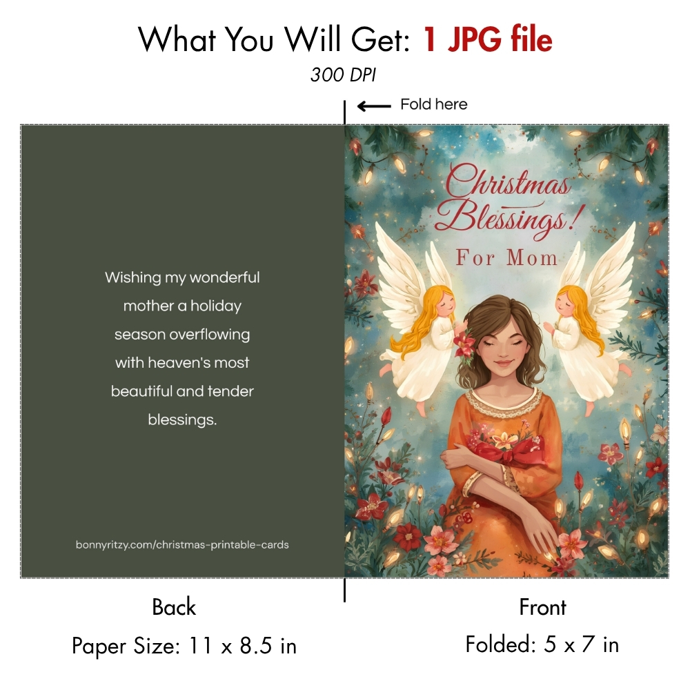 Printable Christmas Blessings Card for Mom  -  Digital Download Foldable 5 x 7 inches