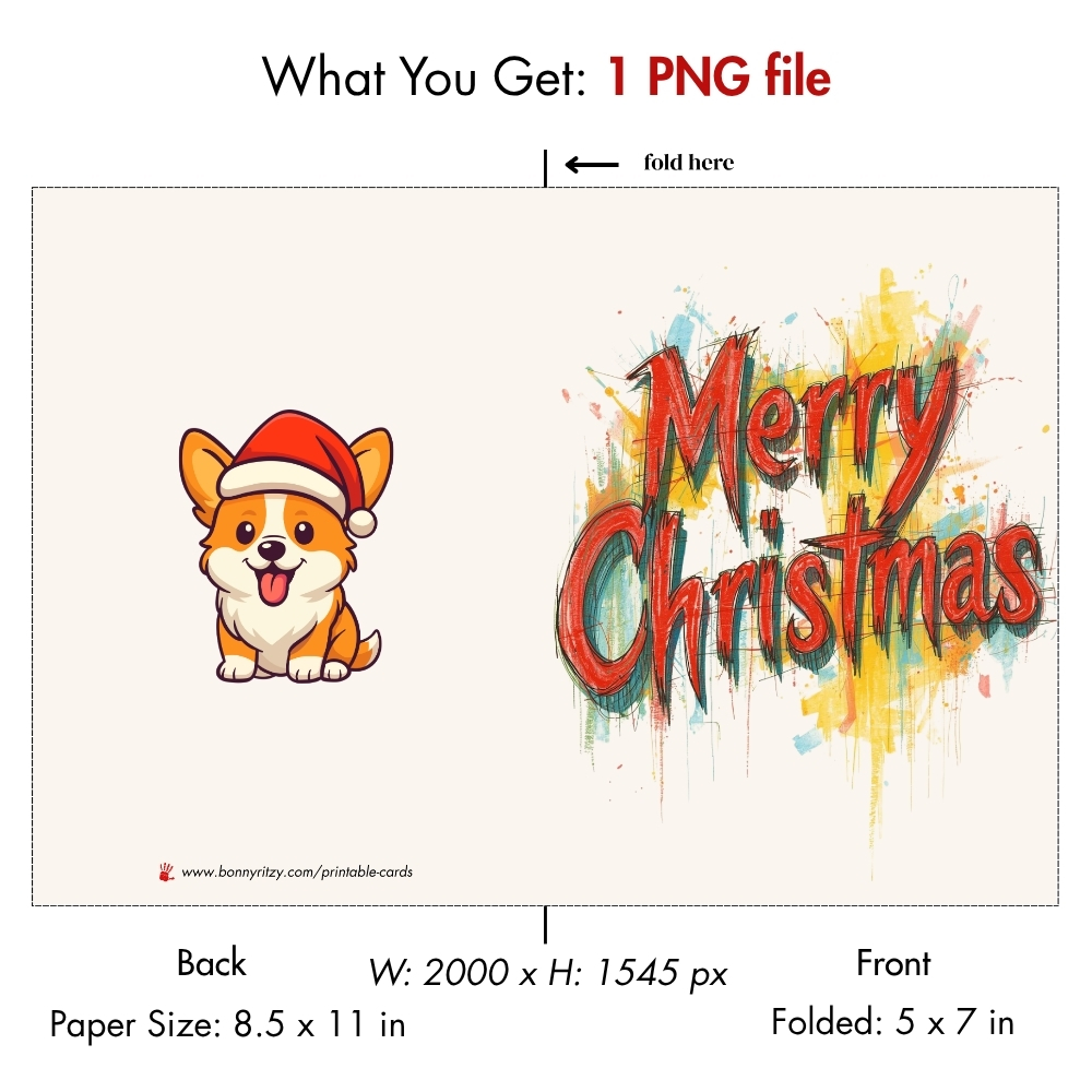 Printable Corgi Christmas Card - Cute Watercolor Santa Dog Holiday Greeting - Digital Download