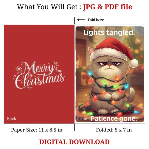 Funny Cat Christmas Card Printable | Grumpy Cat in Santa Hat | Digital Download