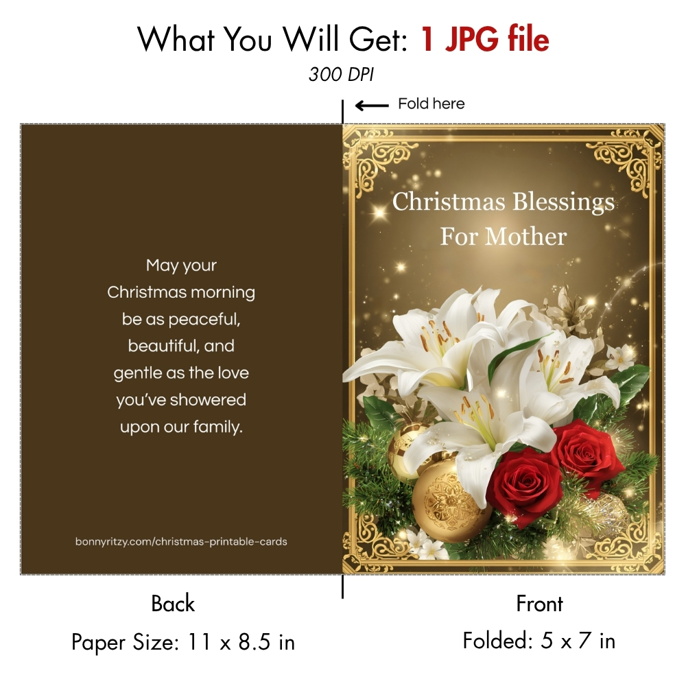 Printable Christmas Blessings Card for Mother - Digital Download Holiday Greeting