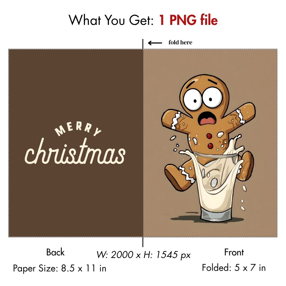 Funny Gingerbread Man Christmas Card – Digital Download | Printable Holiday Card | Quirky "Man Overboard" Milk Splash Design