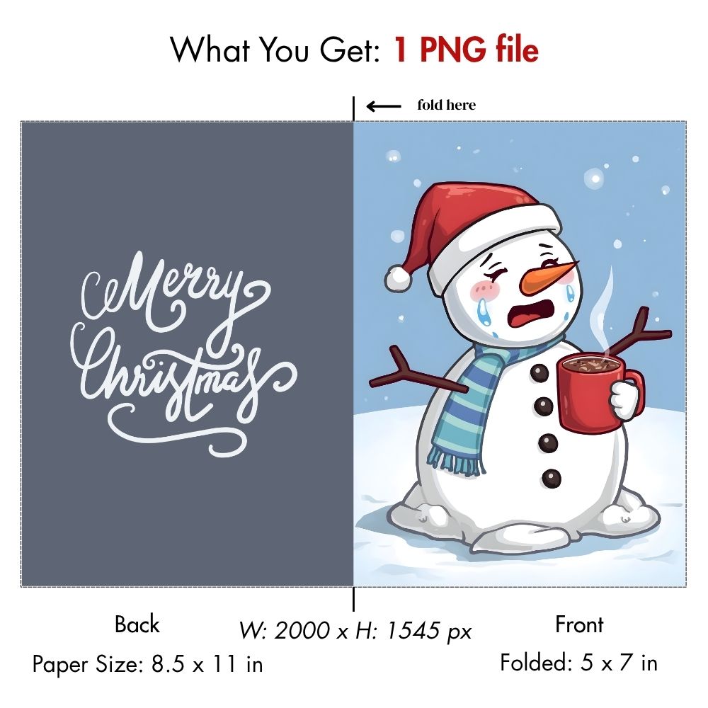 Funny Melting Snowman Digital Christmas Card – Hot Cocoa Lover’s Holiday Card – Instant Download Printable
