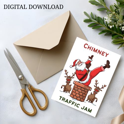 Funny Printable Christmas Card | Santa Stuck in Chimney | Humorous Xmas Greeting | Digital Download