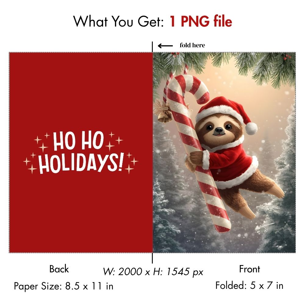 Sloth Christmas Card Digital Download - Funny Santa Sloth Holiday Printable - Cute Animal Xmas Card