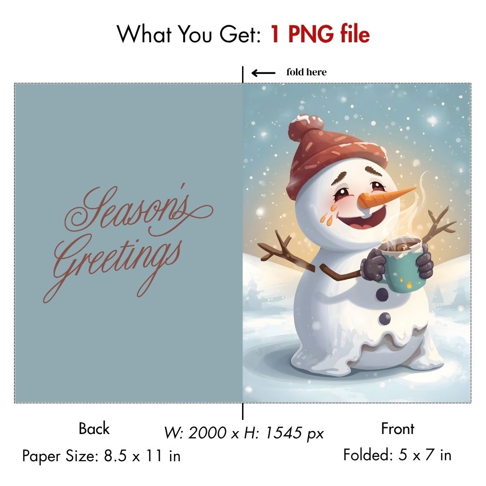 Printable Season's Greetings Card | Cute Melting Snowman with Hot Cocoa Digital Download | Funny Winter Holiday Greeting Card