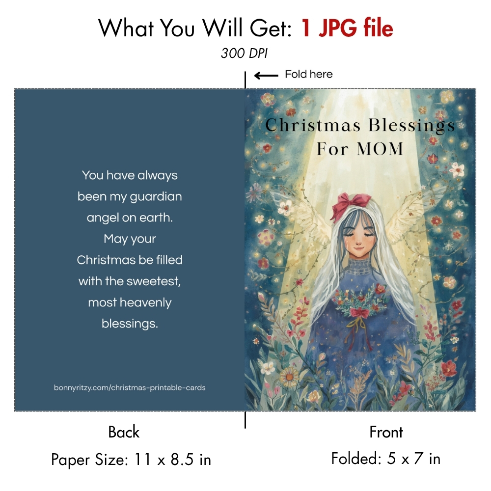 Printable Christmas Card for Mom  -  Angelic Guardian Blessing (Instant Download)