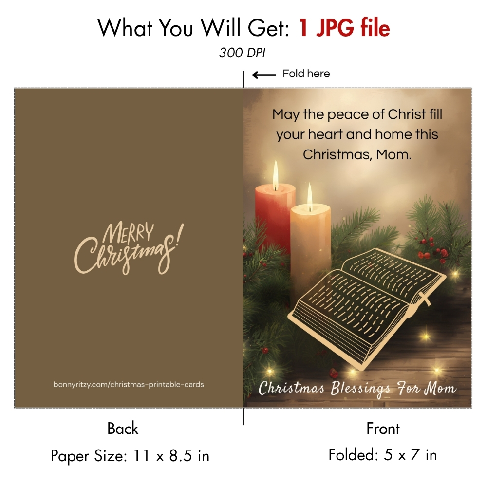 Printable Christmas Blessing Card for Mom  -  Instant Download 5x7 Holiday Greeting Card
