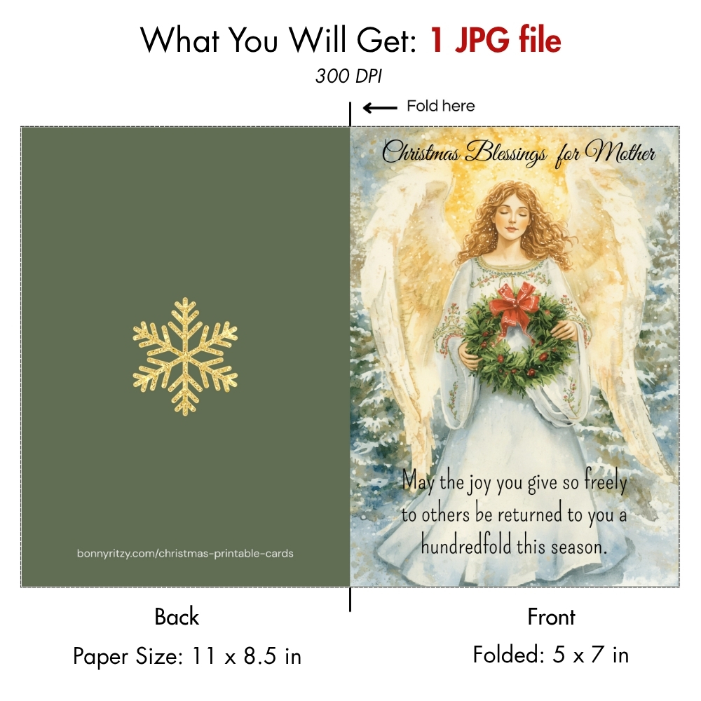 Printable Christmas Card for Mom - Angel Blessing Digital Download (5x7)