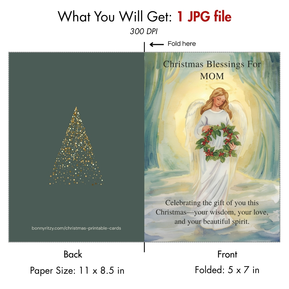 Printable Christmas Card for Mom  -  Angel Watercolor Blessing  -  Instant Download