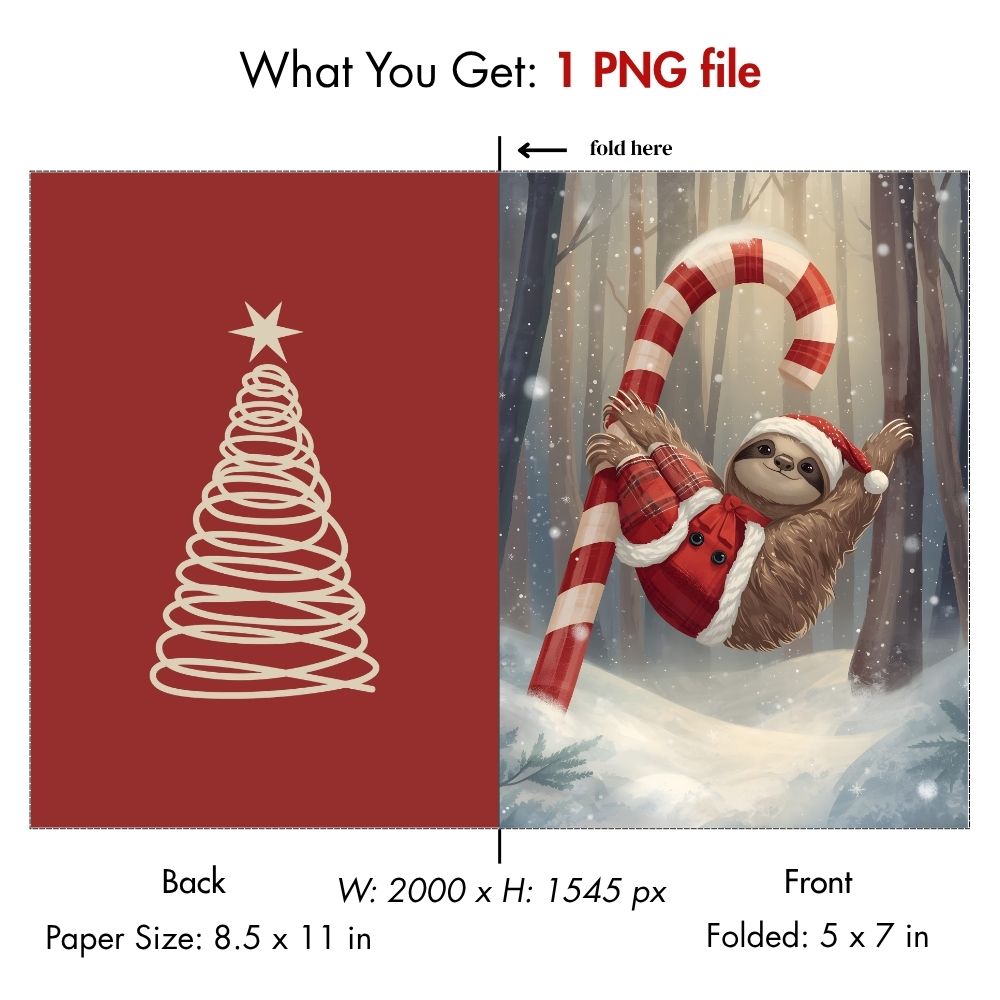 Funny Sloth Christmas Card Printable - Cute Sloth in Santa Suit Holiday Greeting - Instant Digital Download