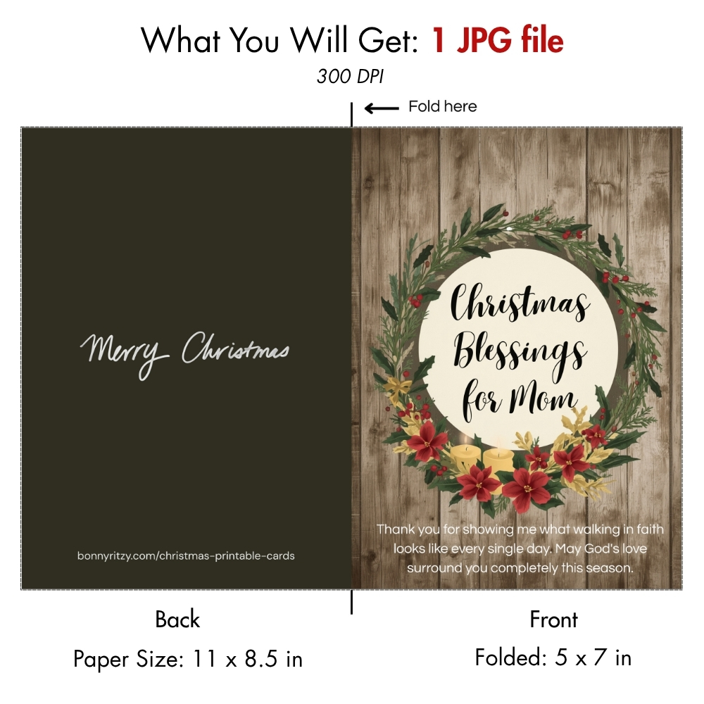 Christmas Blessings Card for Mom  -  Printable Religious Christmas Greeting Card  -  Instant Download 5x7 Folded Card