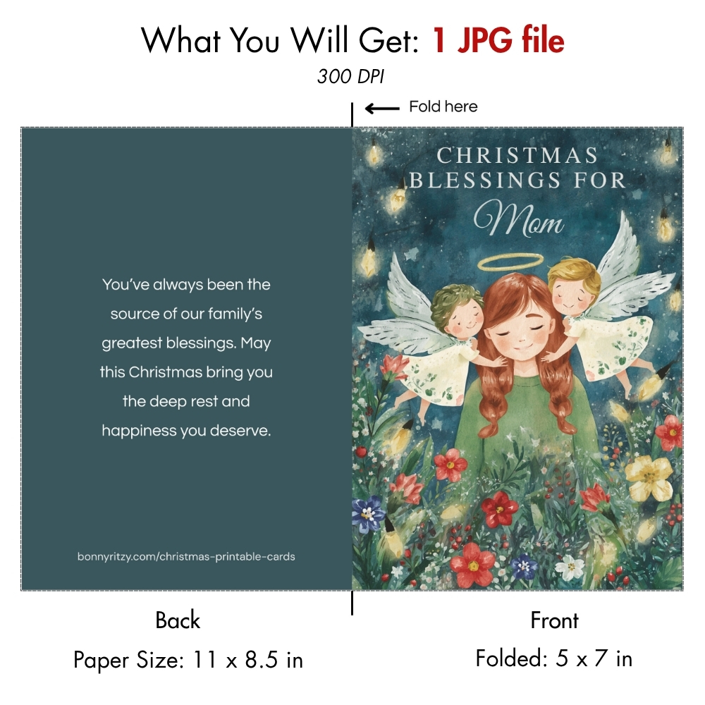 Printable Christmas Blessings for Mom Card  -  Digital Download Watercolor Angels
