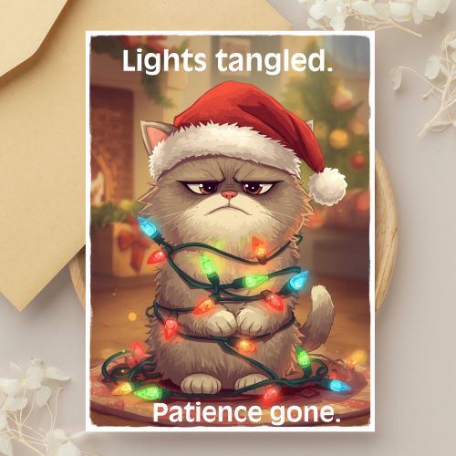 Funny Cat Christmas Card Printable | Grumpy Cat in Santa Hat | Digital Download