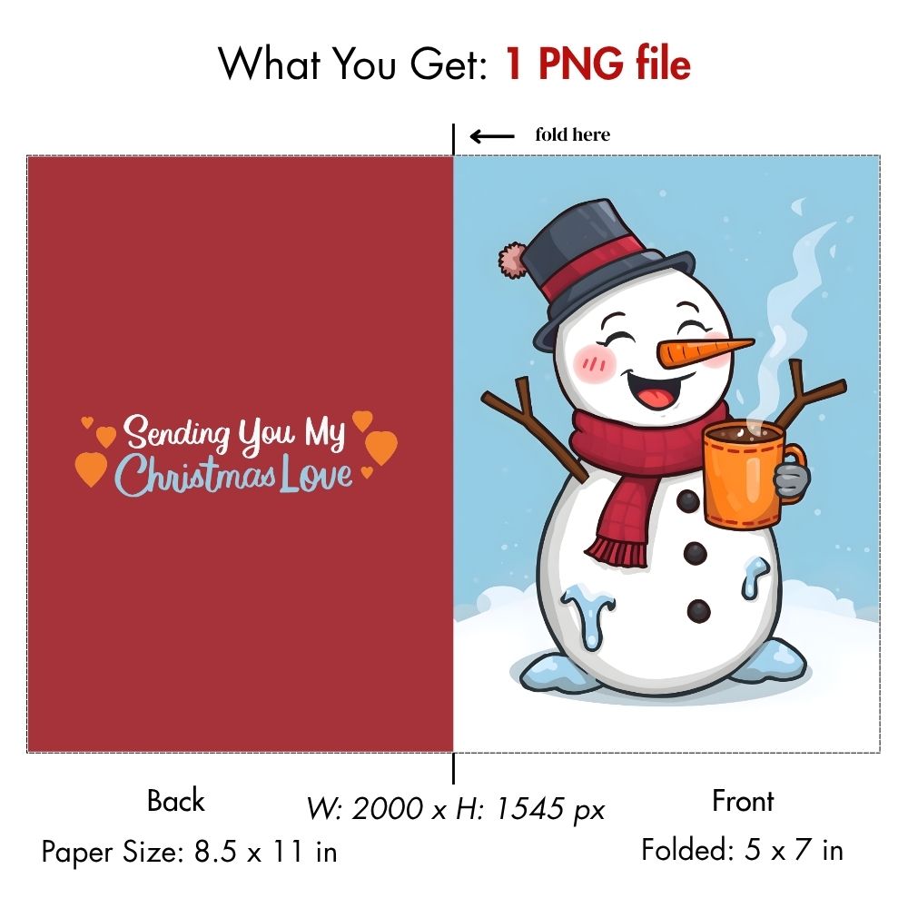 Printable Christmas Card: Cute Melting Snowman with Hot Cocoa – Funny Digital Download Holiday Greeting Card