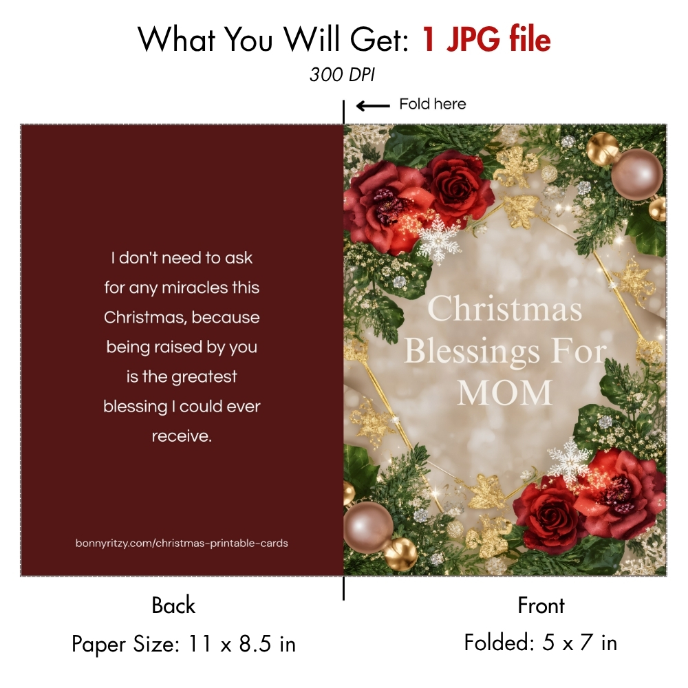 Christmas Blessing Card for Mom  - Printable Instant Download 5x7 Folded Greeting Card
