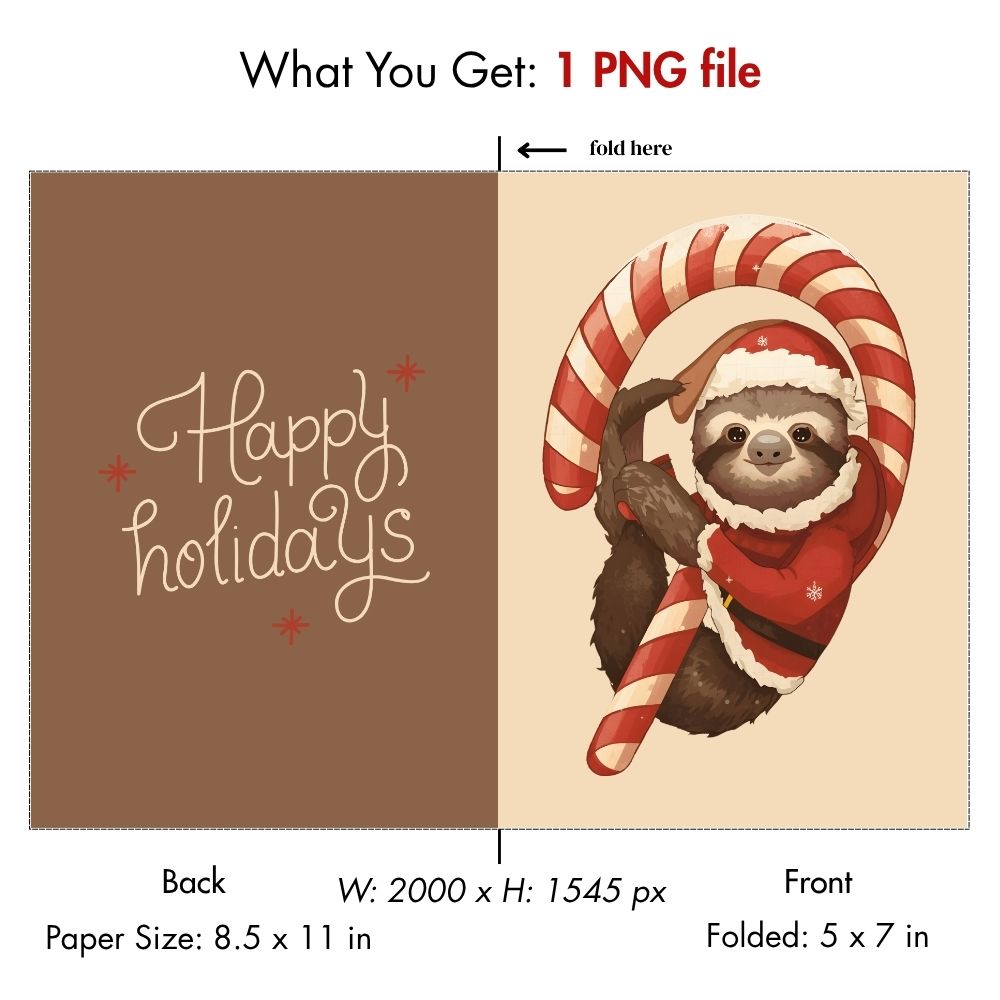 Printable Sloth Christmas Card - Cute Santa Suit Sloth Holding Candy Cane - Funny Digital Holiday Greeting Card - Instant Download