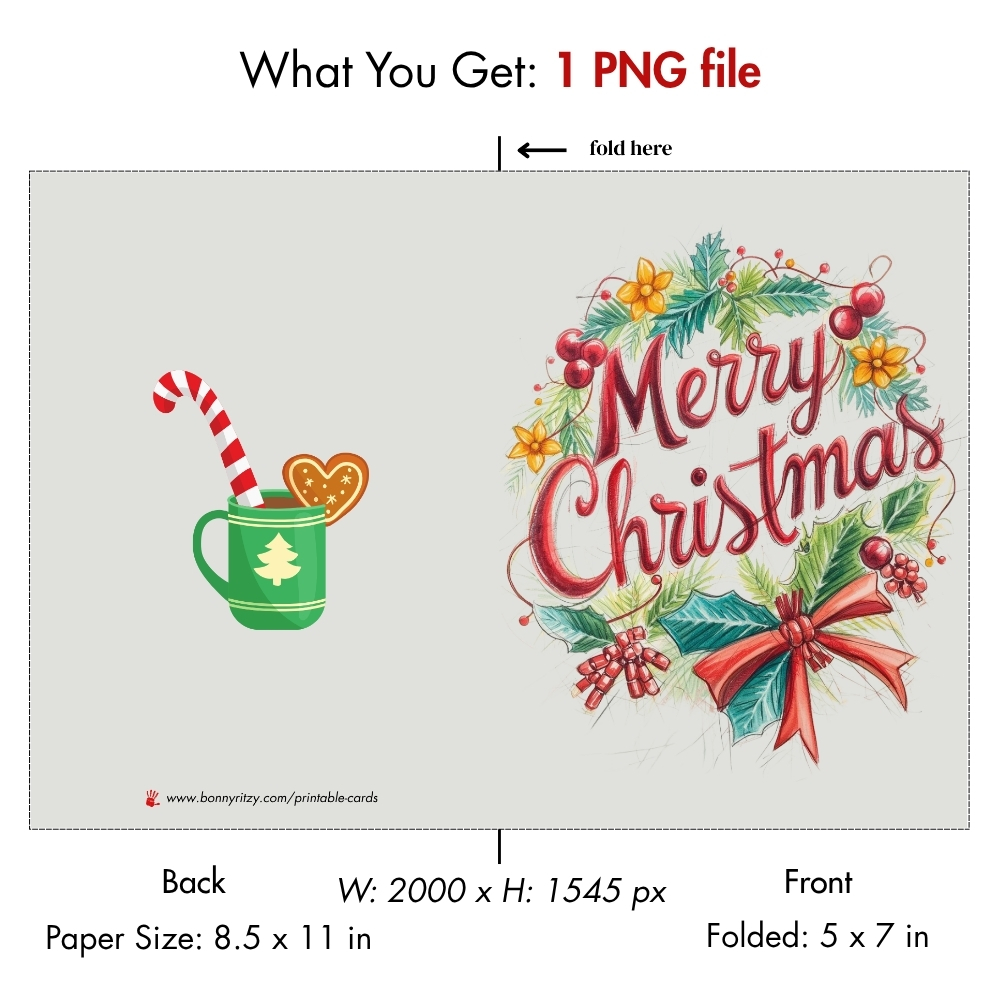 Printable Merry Christmas Card – Instant Download 5x7 Foldable Holiday Card with Wreath & Cocoa Design
